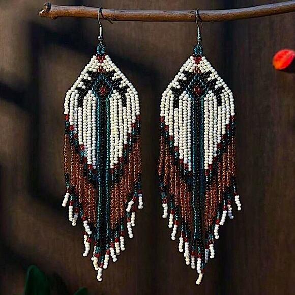 Handmade Beaded Boho Dangle Earrings Tribal Native - Picture 1 of 8
